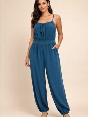 SHEIN  Woman’s teal sleeveless, drawstring jumpsuit w/ ruched waist &pockets